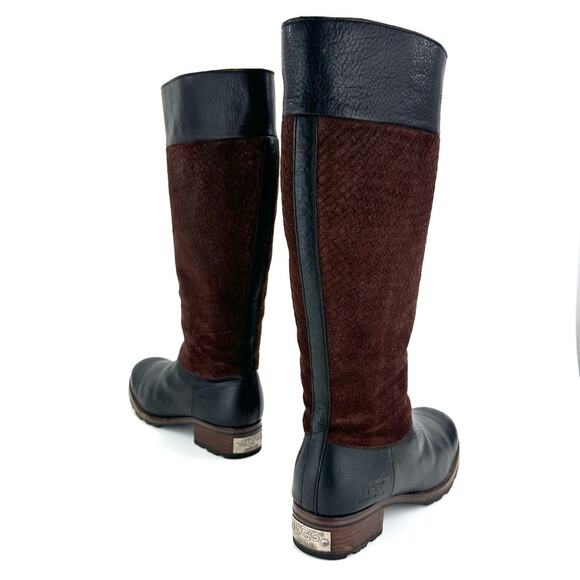 Ugg Australia Knee High Winter Boots Sz 11 Black Leather Brown Suede Wool Lining - Picture 14 of 15